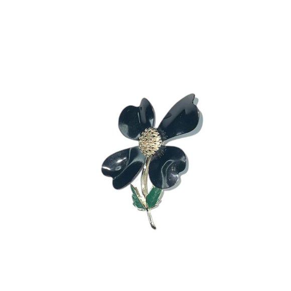 Vintage Black Enamel Dogwood Flower - Gold Tone Brooch by Sarah Coventry - Picture 2 of 5